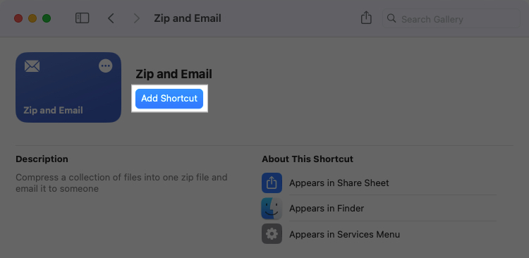 Add Shortcut button in macOS Shortcuts app when adding a new shortcut to library.