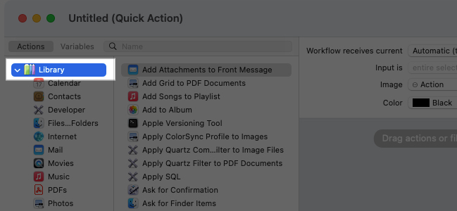 Actions tab with Library menu open in the Automator app on a Mac.