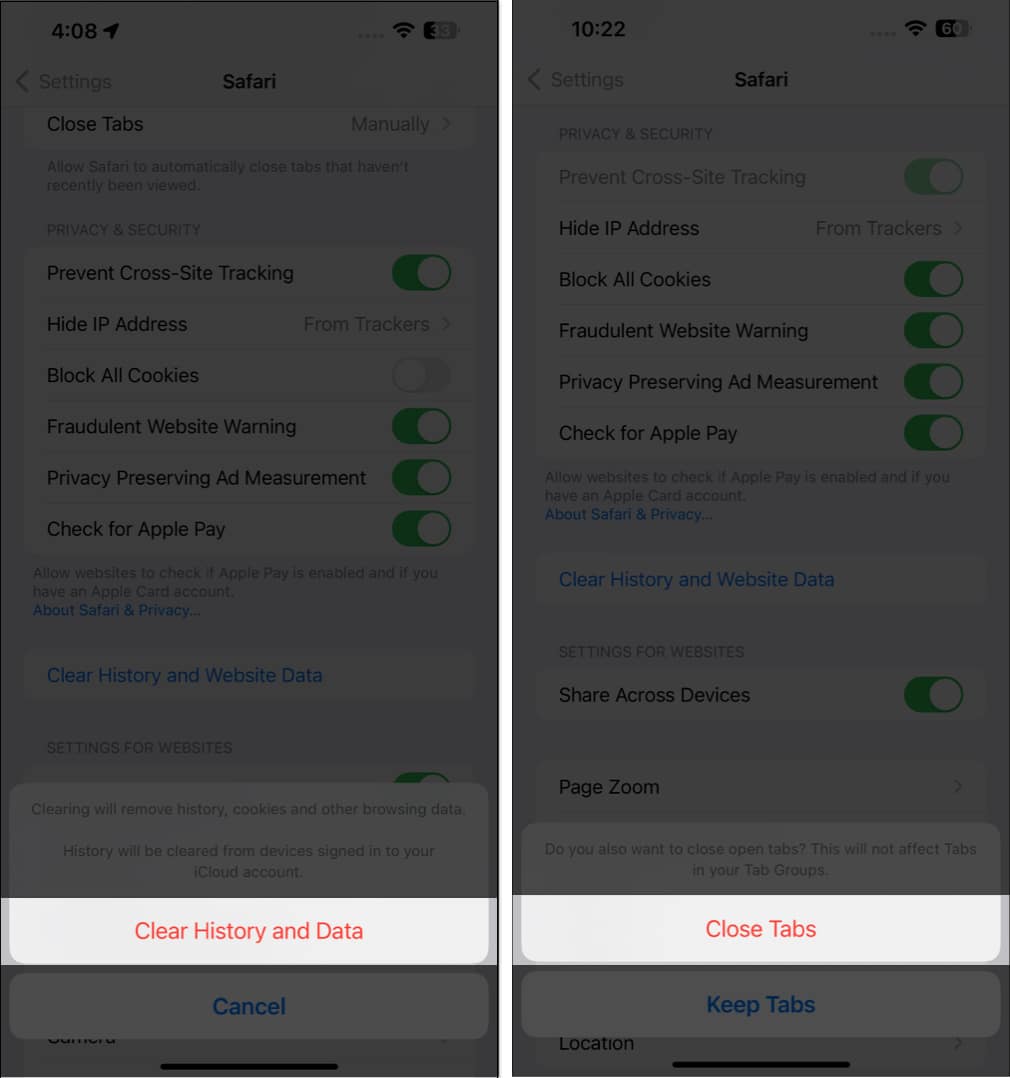 Clear history and data, close tabs in the settings app