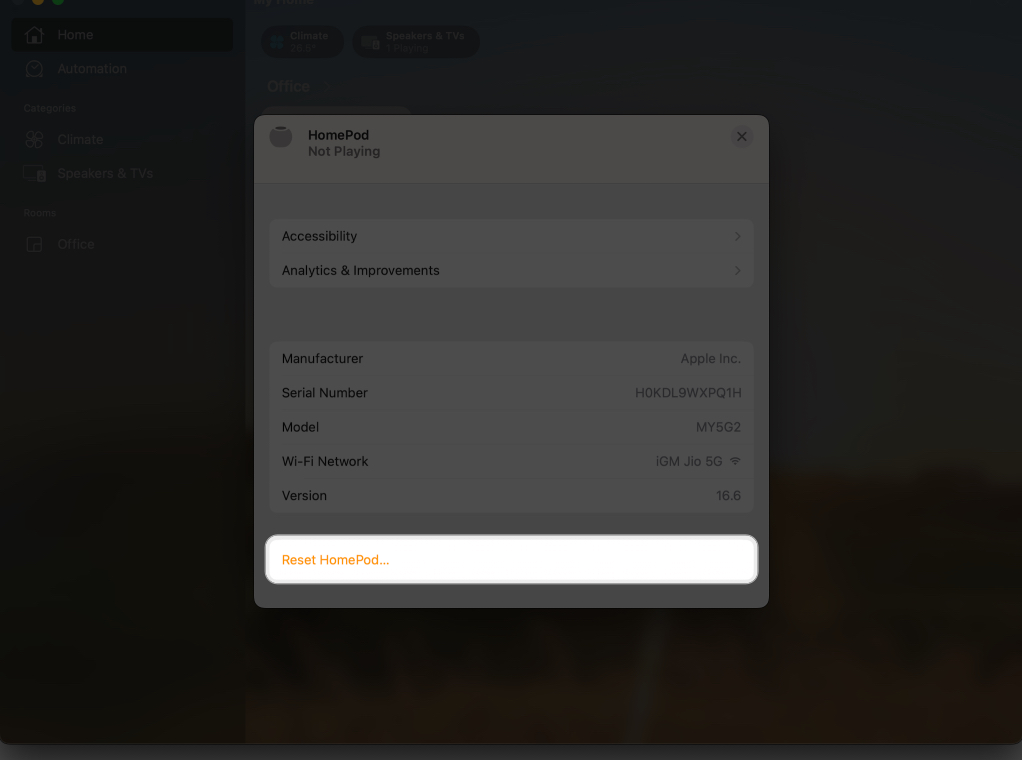 Click Reset Homepod on Mac
