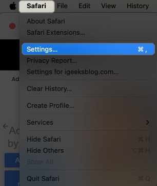 Click Safari, Settings