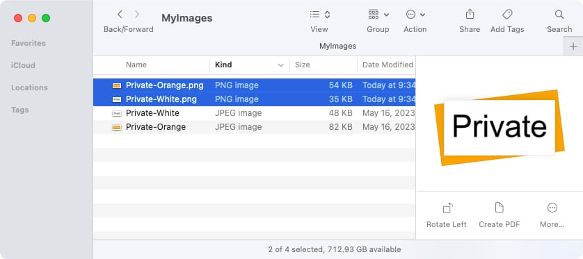 Finder window showing a list of images converted to PNG using the Convert to PNGs Quick Action.