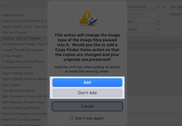 Prompt confirming addition of an action in a Quick Action in macOS Automator app.