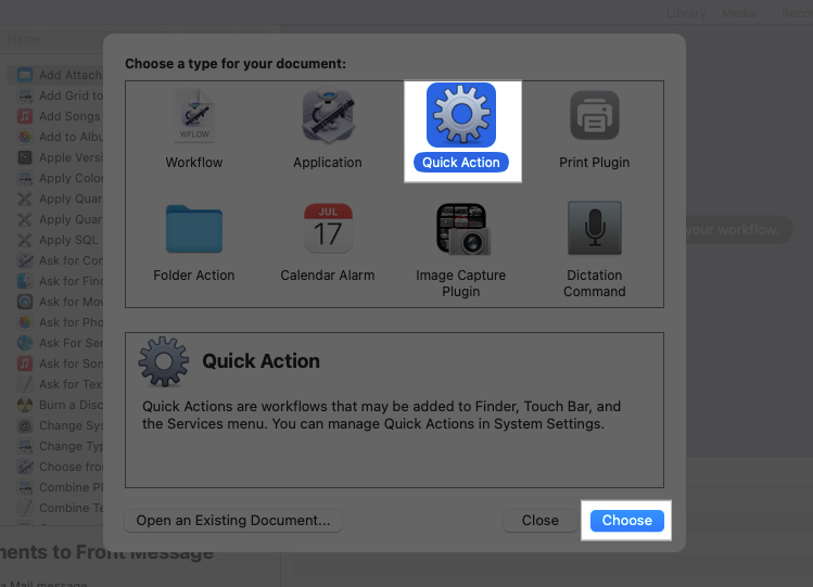 Quick Action and other document types in the Automator app on a Mac.