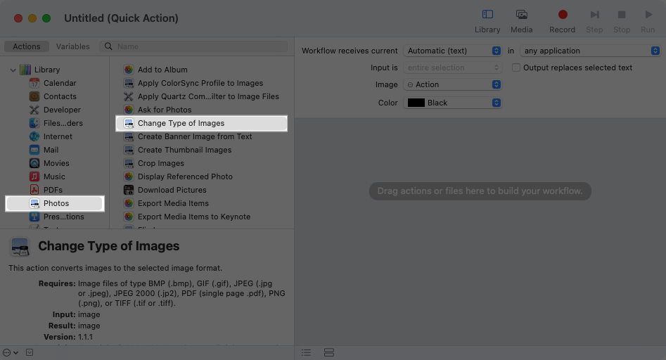 Photos and Change Type of Images actions selected in macOS Automator app.