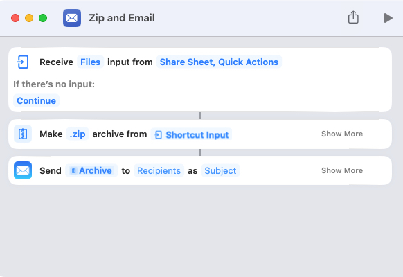 List of actions in a shortcut workflow.