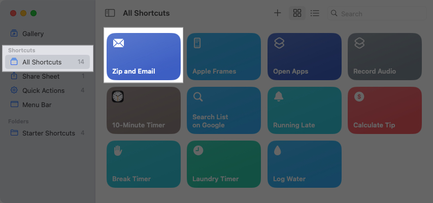 Zip and Email shortcut in the Shortcuts app library.