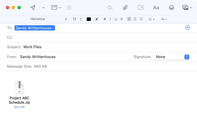 Mail app with all the details populated using the Zip and Email shortcut.