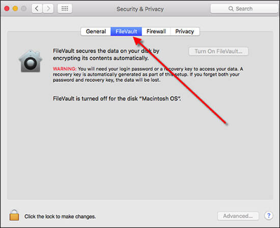 Click on FileVault Tab in Mac System Preferences
