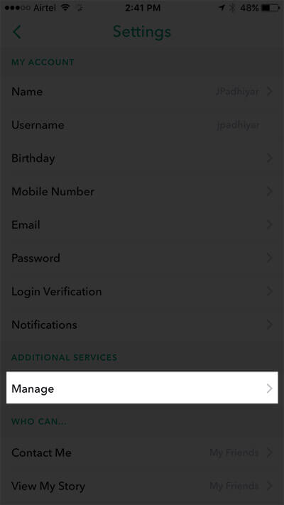 Tap on Manage in Snapchat Settings on iPhone