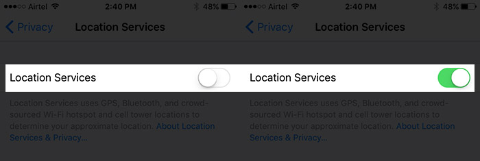 Turn ON Location Services in iPhone Settings App