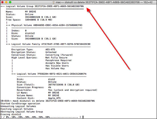 Type diskutil cs delete Command in Terminal on Mac