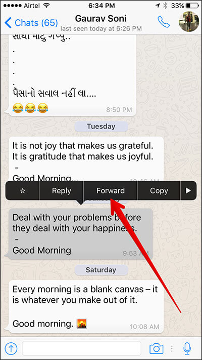 Tap on Forward in WhatsApp on iPhone