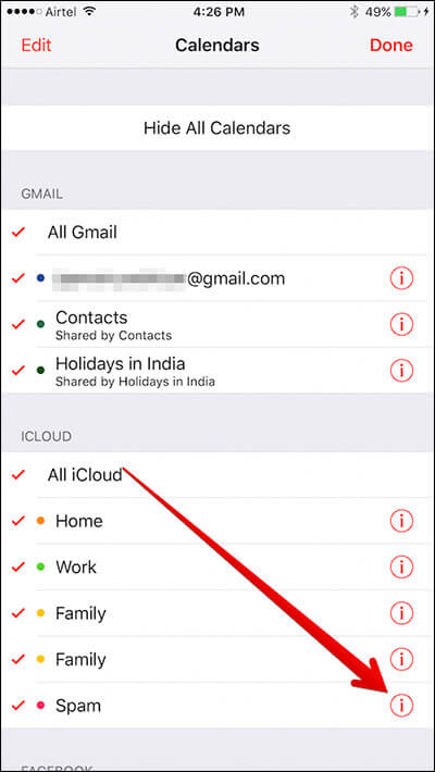 Tap on i Icon in Spam Folder on iPhone Calendar
