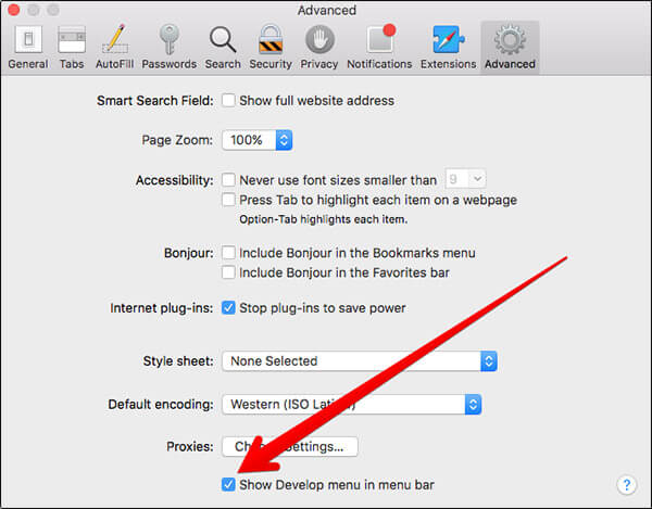 Check Show Develop Menu in Menu Bar in Safari on Mac