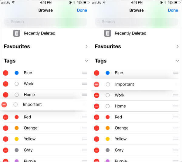Tap and Hold Tiny Horizontal Lines Next to Tag and Drag It in iOS 11 Files App on iPhone