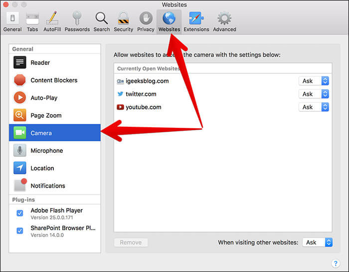Click on Websites then Camera in macOS High Sierra on Mac