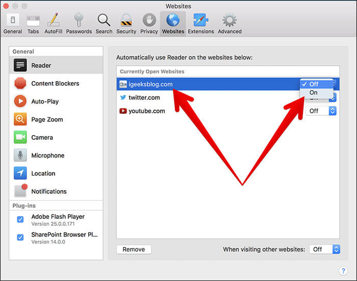 Enable Reader View for Selected websites in Safari on macOS High Sierra