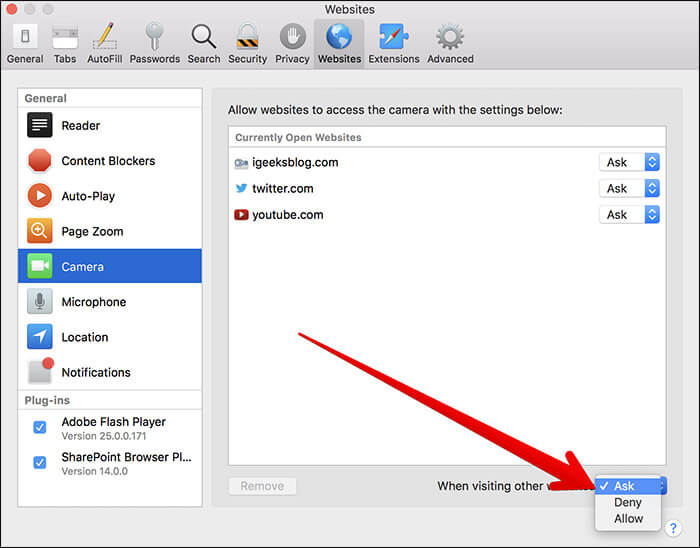 Enable Website to Use Camera for Safari in macOS High Sierra