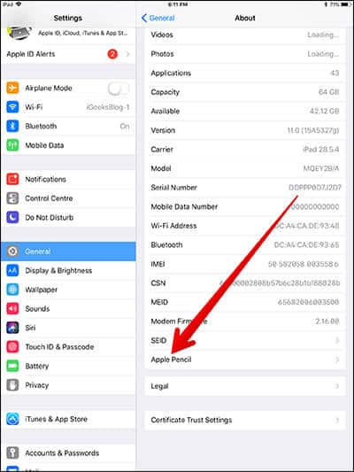 Tap on Apple Pencil in iPad Pro Settings App