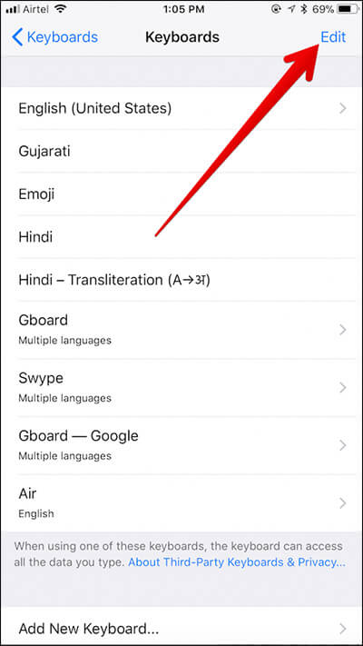 Tap on Edit in Keyboards in iPhone Settings