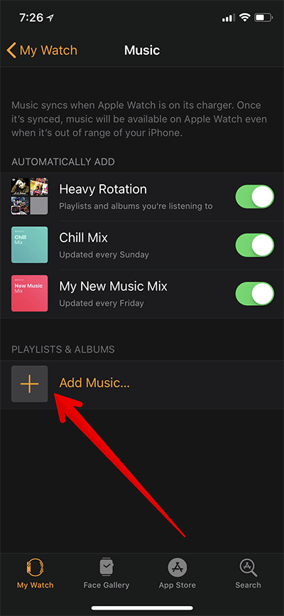 Tap on Add to Sync iPhone Playlists to Apple Watch
