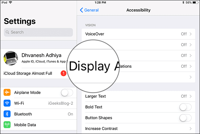 Tap on Display Accommodations in iPad Pro Settings