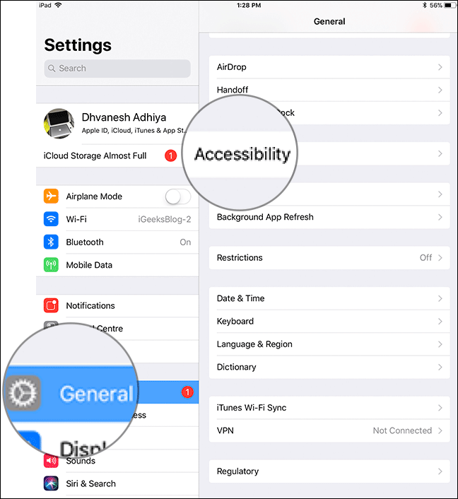 Tap on General then Accessibility in iPad Pro Settings