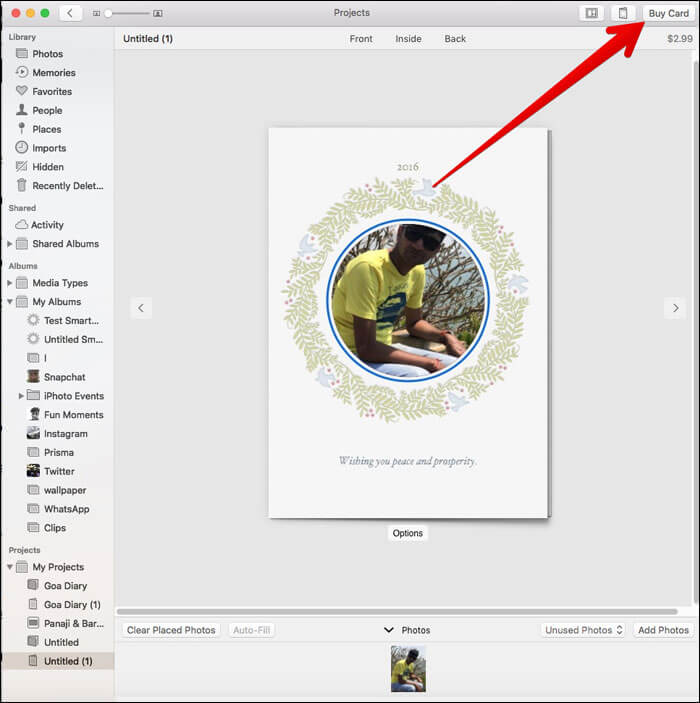 Click on Buy Card in Mac Photos App