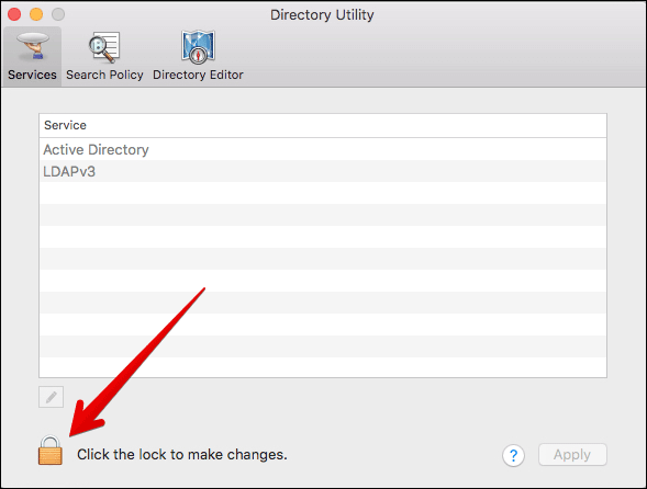 Click on Lock Icon to Change Directory Utility on Mac