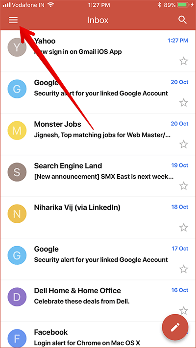 Tap on Menu Button in Gmail iOS App