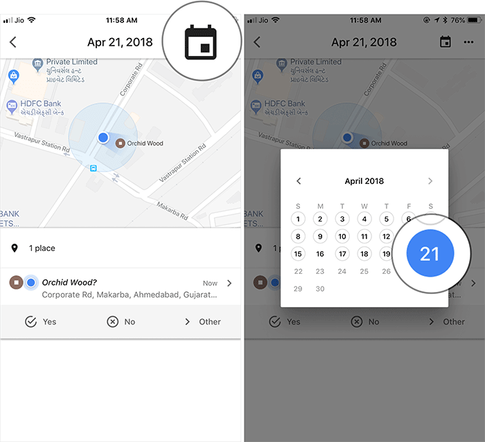 Tap on Calendar and Select Date in Google Maps to View Timeline