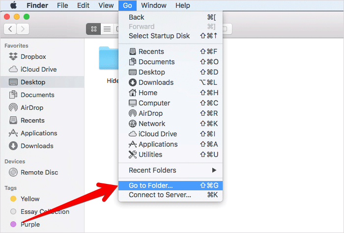 Click on Go to Folder in Finder on Mac