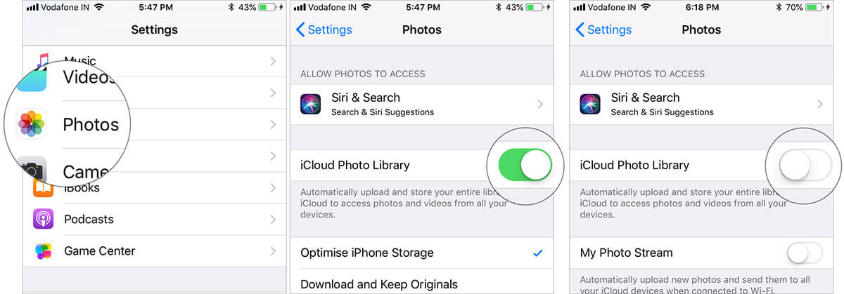 Disable iCloud Photo Library from iPhone Photos Settings