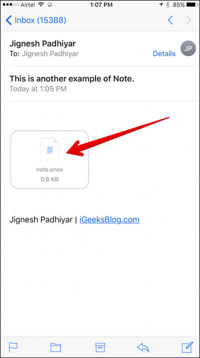 Tap on Note in Mail Attachment on iPhone
