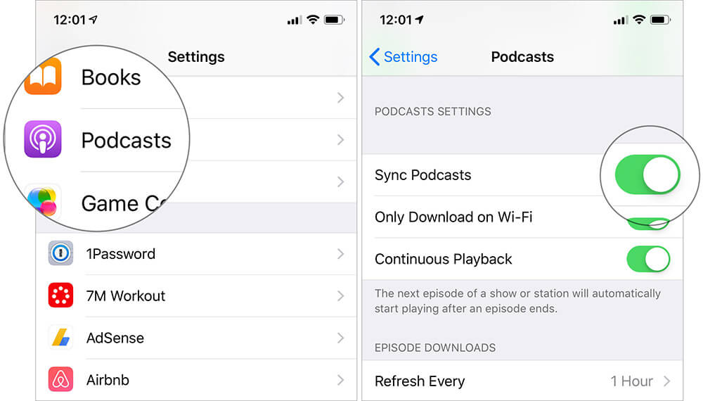 Turn ON Sync Podcasts in Settings on iPhone
