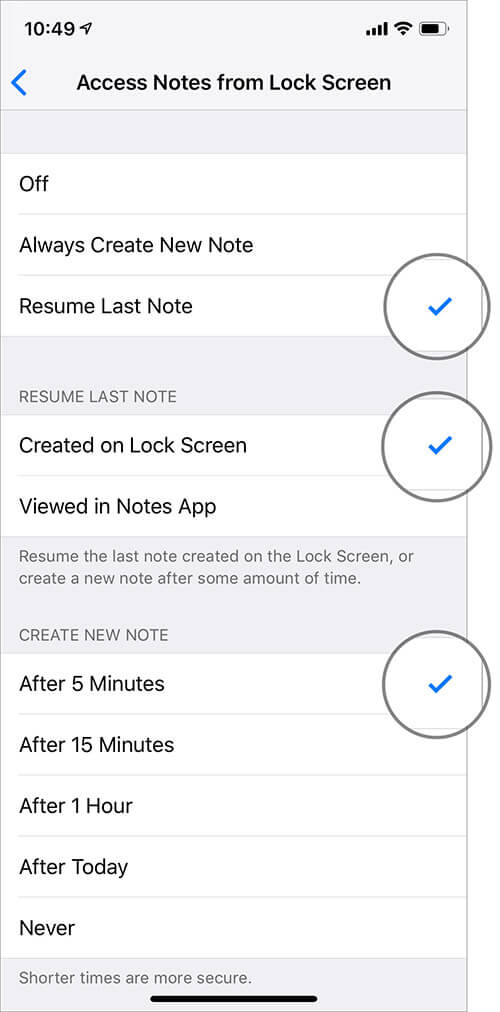 Select Resume Last Note and Choose Created on Lock Screen to Access Notes from iPhone Lock Screen
