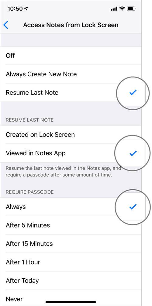 Select Resume Last Note and Choose Viewed in Notes App to Access Notes from iPhone Lock Screen