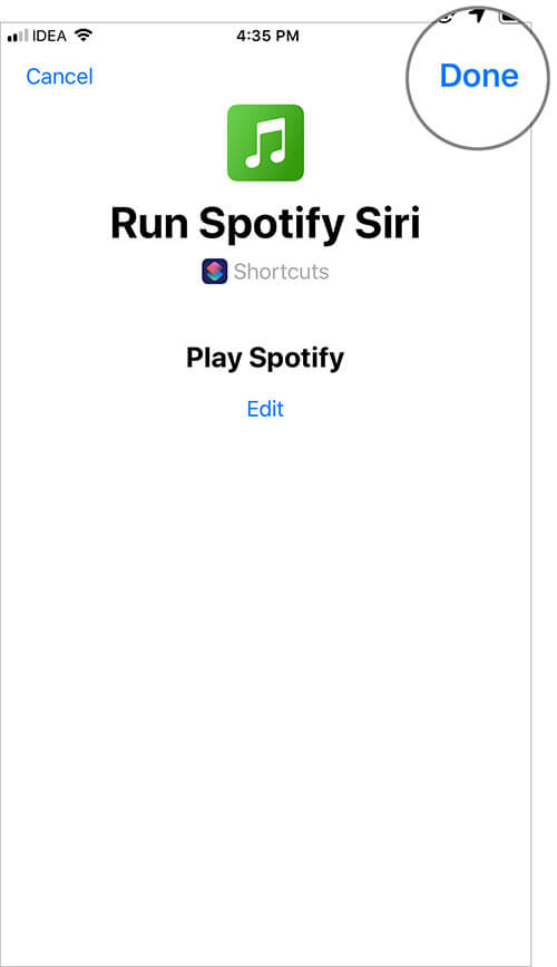 Tap on Done to Save Spotify Siri Shortcut on iPhone