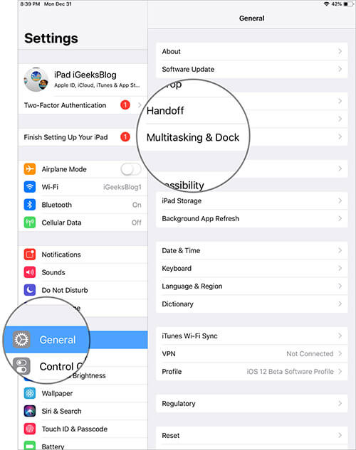 Tap on Multitasking & Dock Under General on iPad