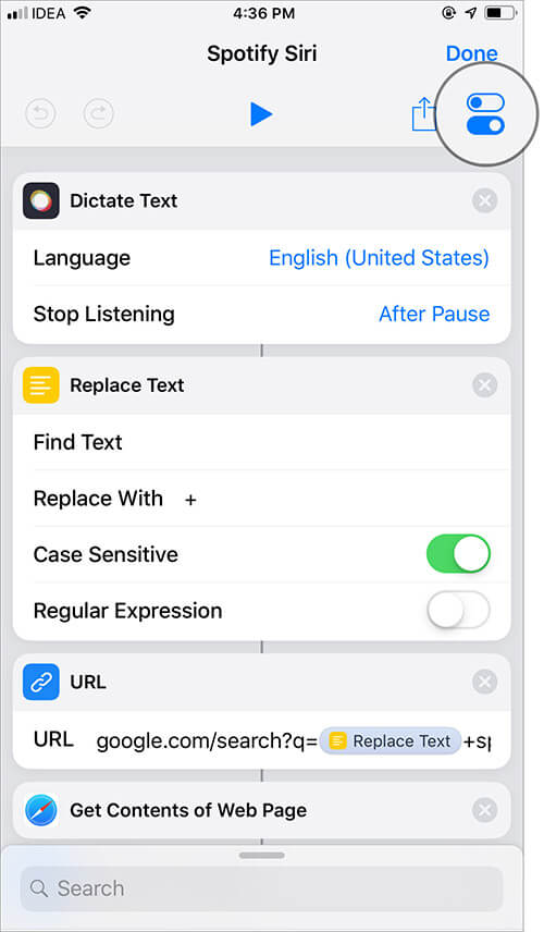 Tap on Settings in Spotify Siri Shortcut on iPhone