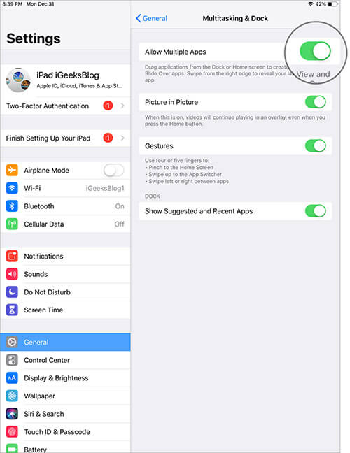 Turn ON Split View and Slide Over on iPad