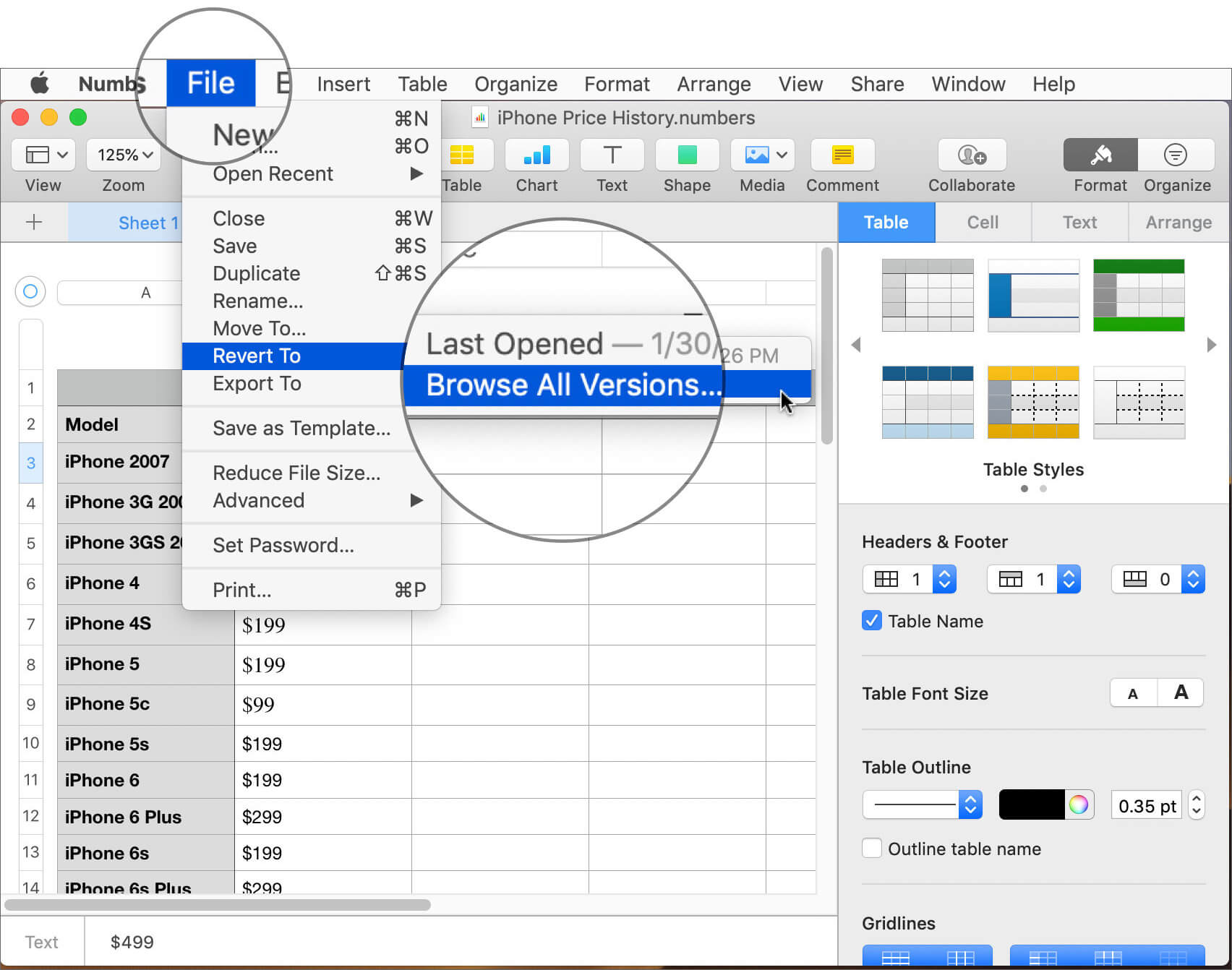 Click on File then Revert To and Select Browse All Version in Mac Numbers App