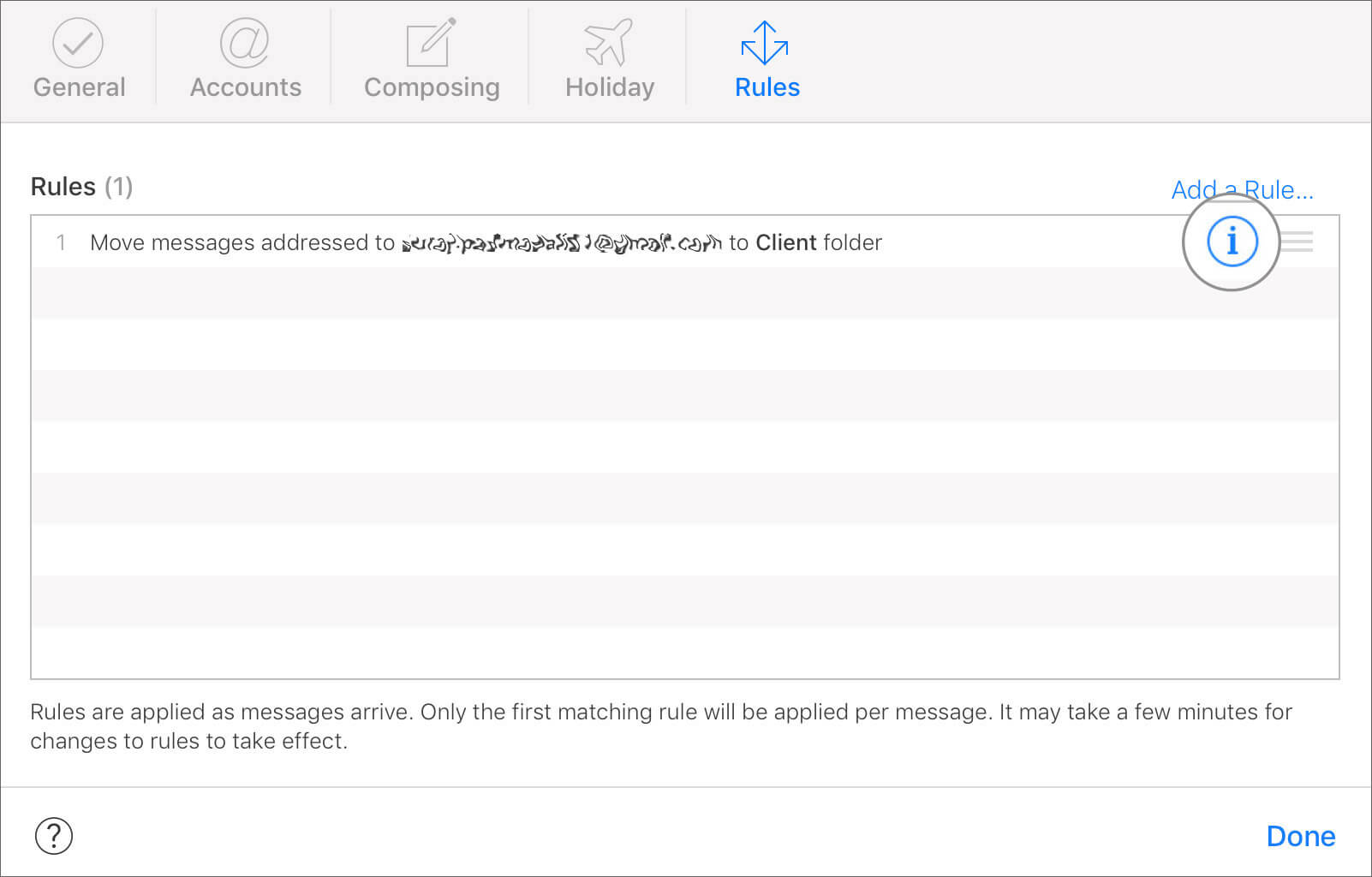 Click on Information icon in Rules Tab in iCloud Mail Settings