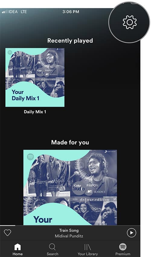 Tap on the Settings icon in iOS Spotify app
