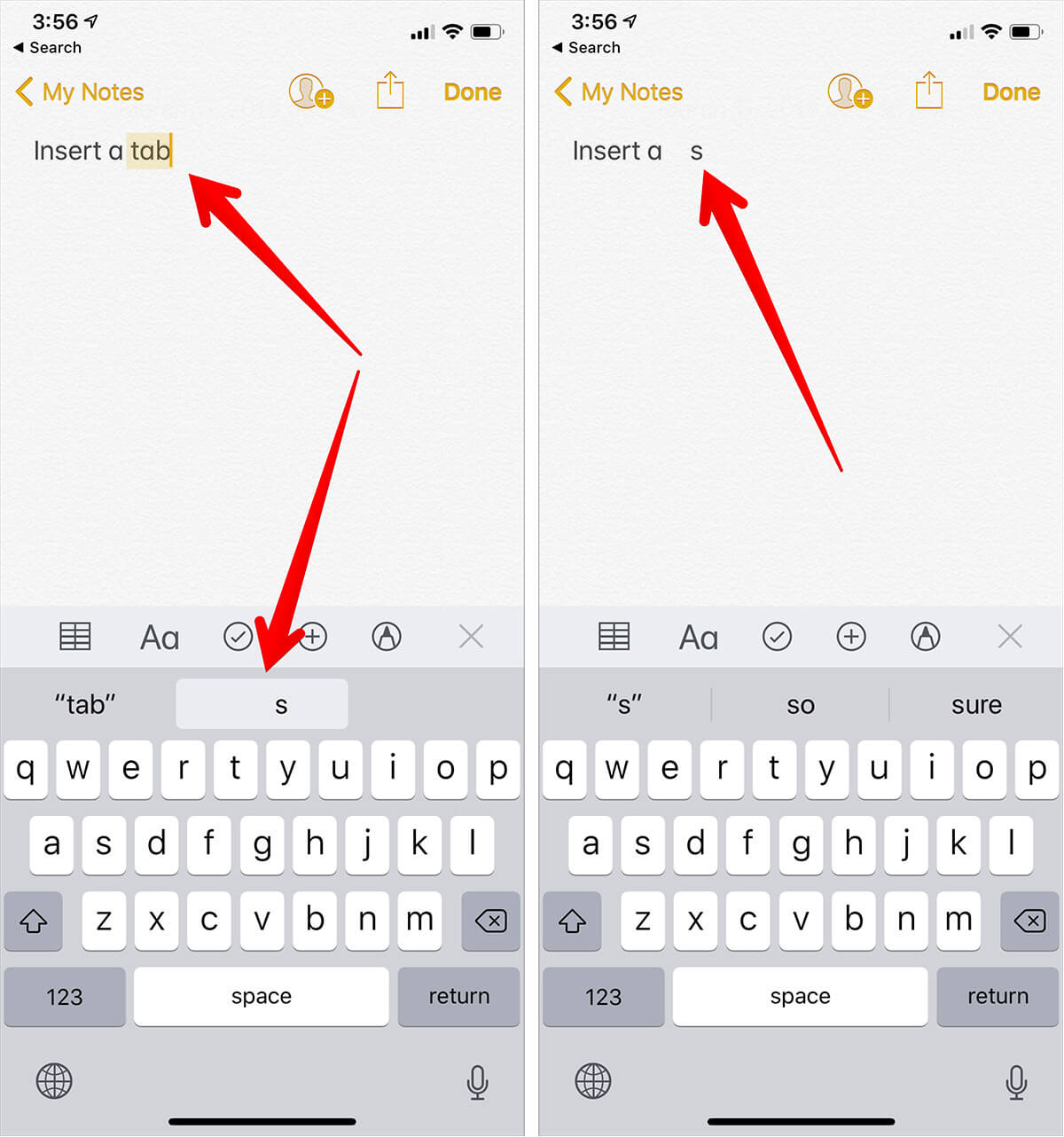 Insert a tab character on iPhone or iPad using Mac Shortcut