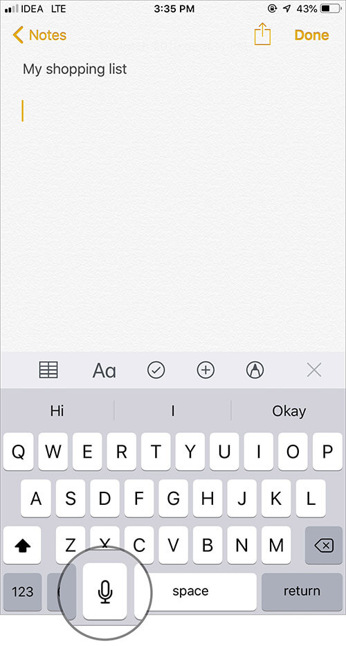 Tap on Microphone icon in iOS Keyboard to start dictation mode