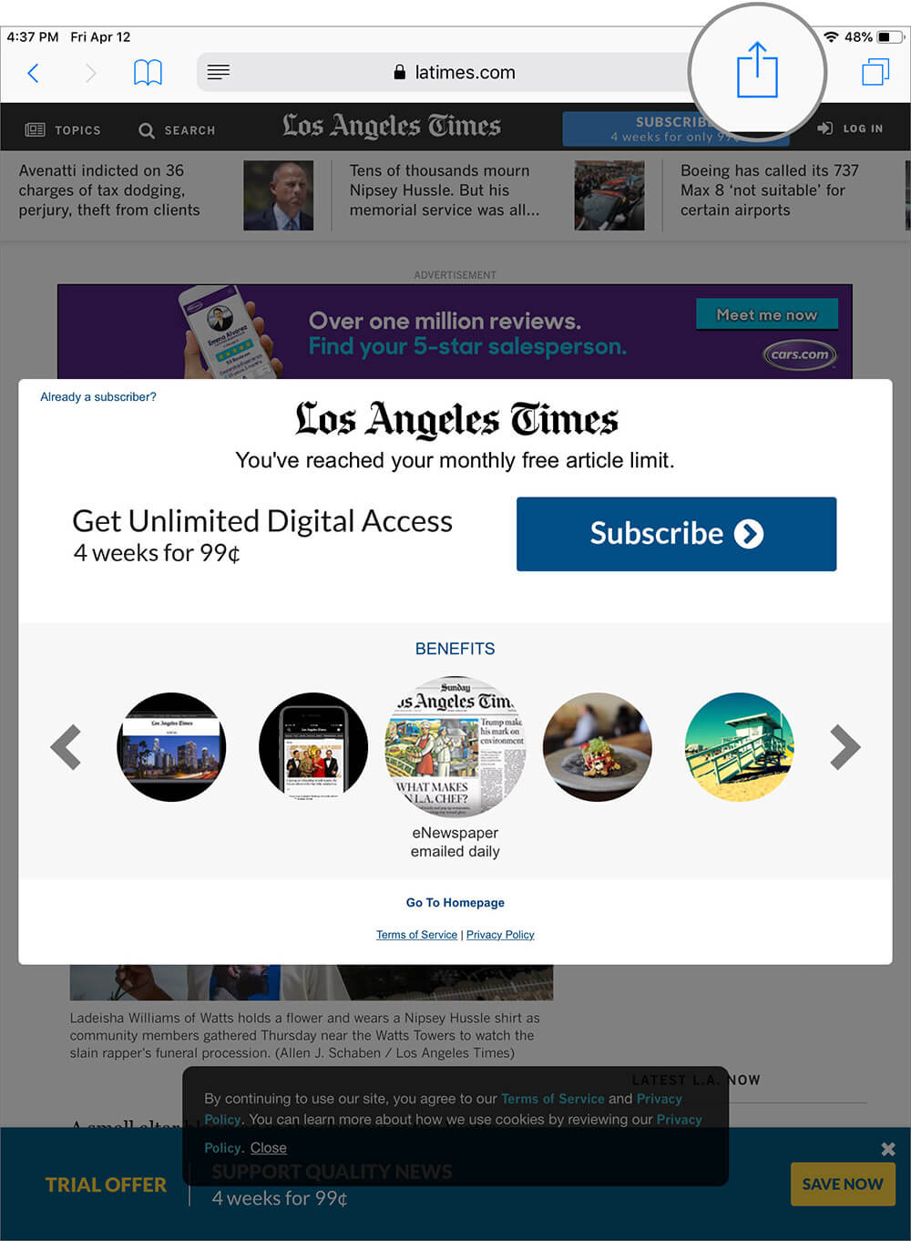 Tap on Share button to Access Paywalled Article you want to read in iOS Safari app