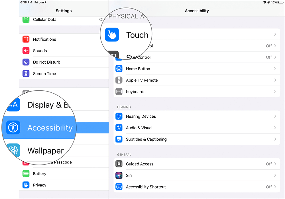 Tap on Accessibility then Touch on iPad