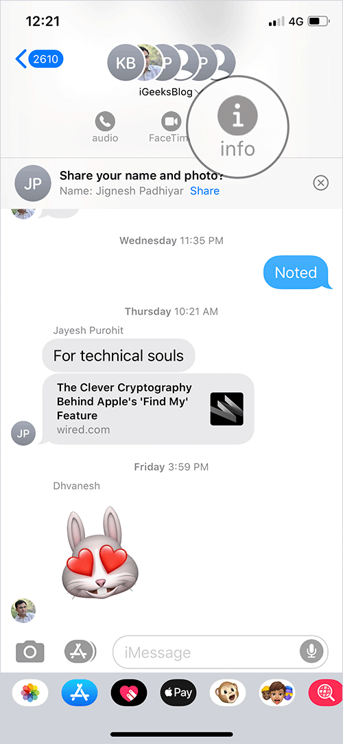 Tap on Info Button in iMessage on iPhone